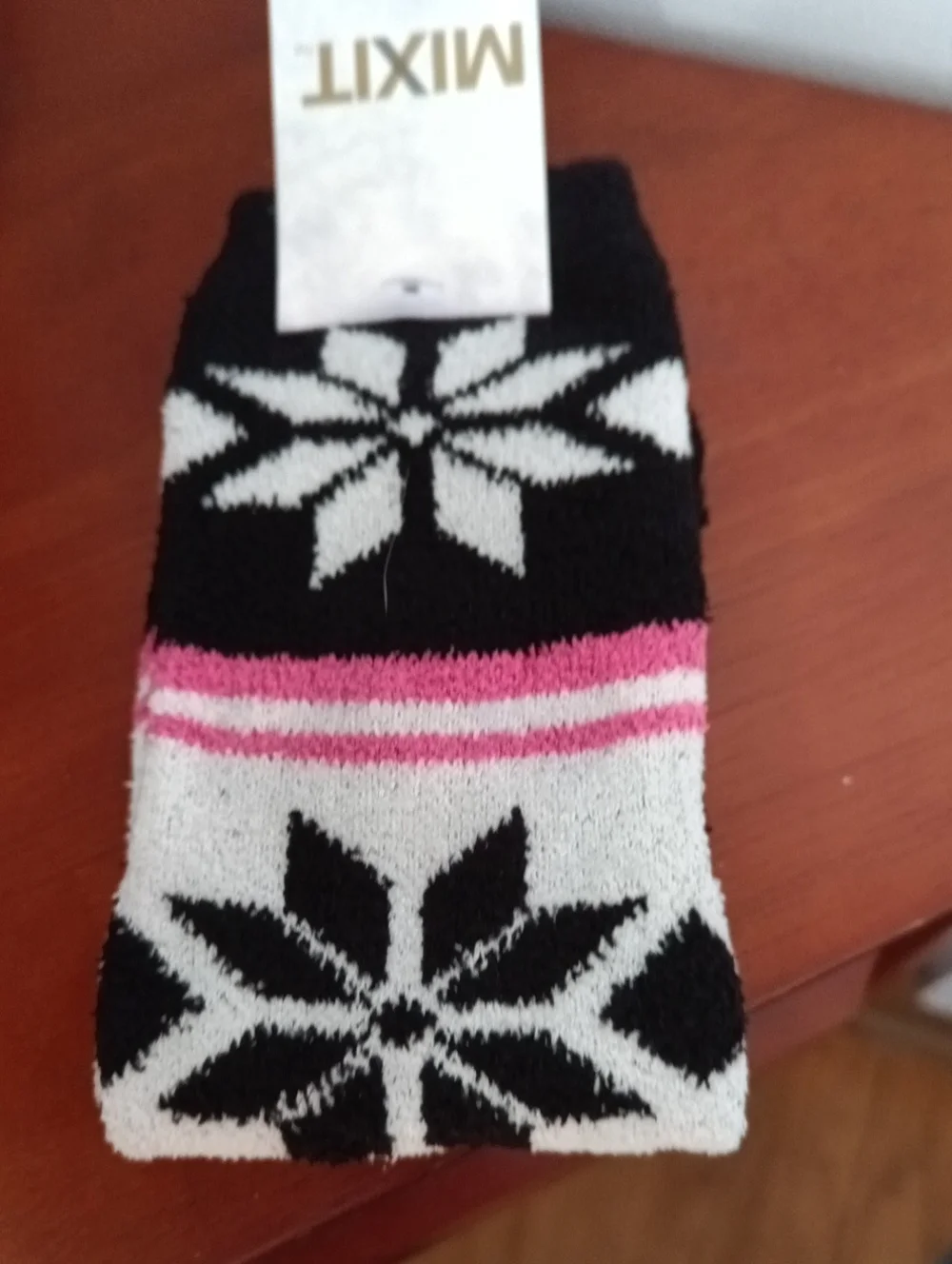Cozy Knit Snowflake Socks in Black, White & Pink-Mixit